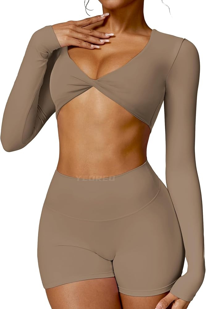YEOREO Kyla Women Crop Top Long Sleeve Padded Sports Low Medium Impact Yoga Shirt Workout | Amazon (US)