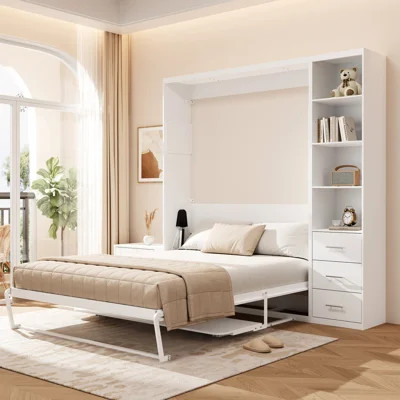 Queen Size Murphy Wall Bed with Built-in Desk & Reversible Side Storage Cabinet | Wayfair North America