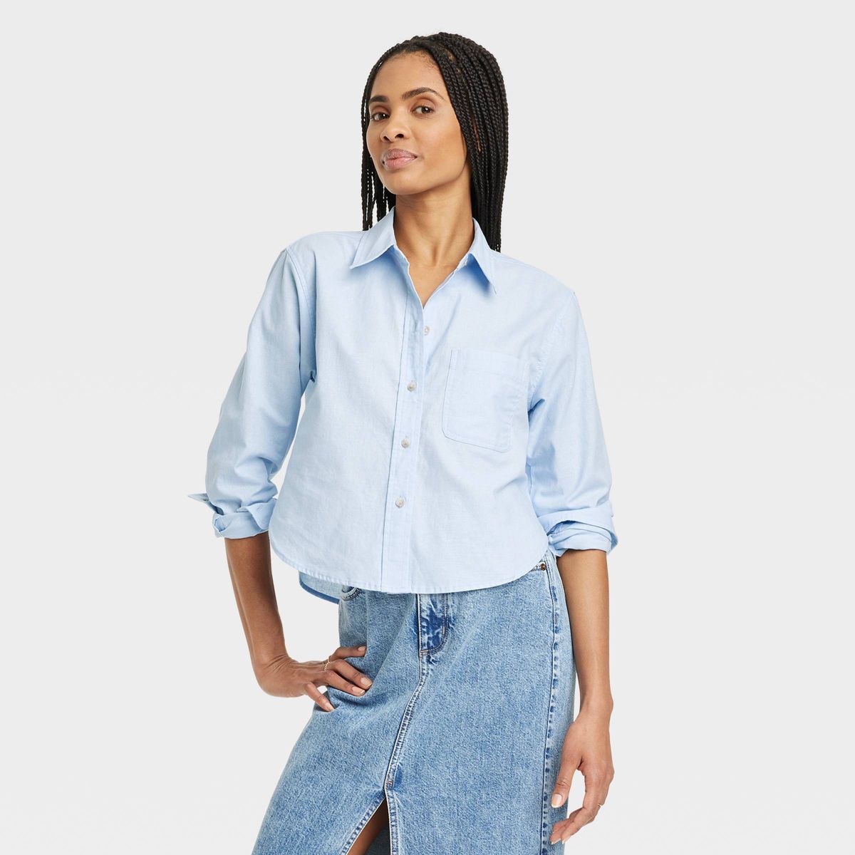 Women's Long Sleeve Collared Button-Down Shirt - Universal Thread™ Blue L | Target