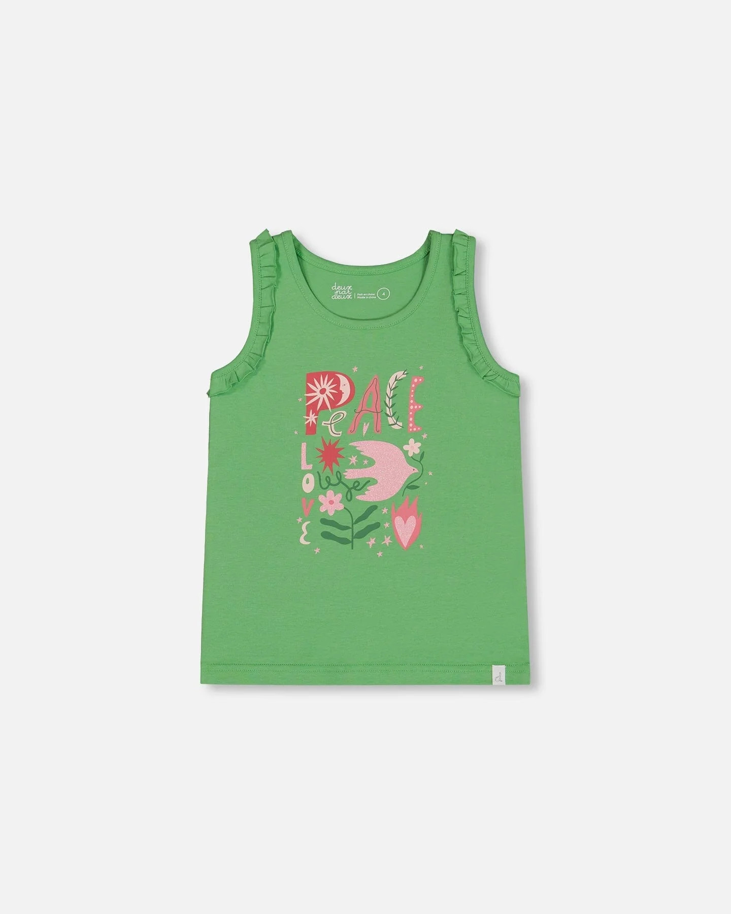 Organic Cotton Tank With Frills Flowers On Green Background - Deux par Deux | Deux par Deux Childrens Designer Clothing