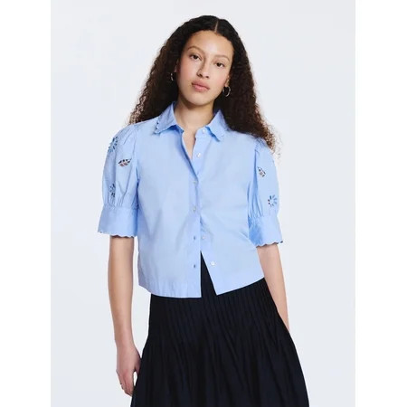 Free Assembly Women s and Women s Plus Cotton Eyelet Button Front Shirt with Short Sleeves  Sizes XS-4X | Walmart (US)