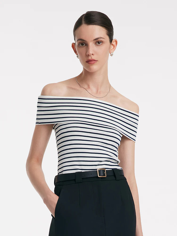 Off Shoulder Striped Slim Top | GOELIA