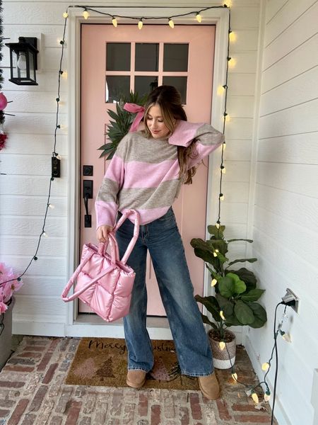 A little pink outfit of the day 🎀 Is there anything better than a cute sweater and jeans? This one comes in multiple colors and prints! I’ve had these jeans a year now and they are still one of my favorite pairs . Bag was locally sourced @fringegoods . 

#LTKitbag #LTKstyletip #LTKfindsunder100