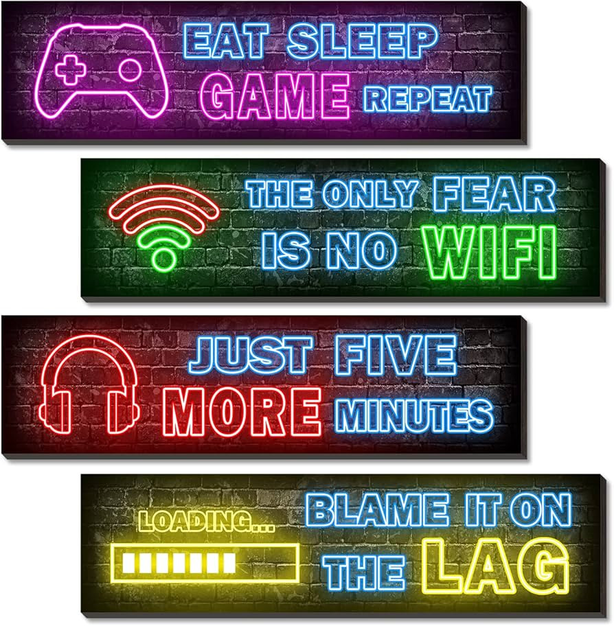 4 Pcs Printed Neon Gaming Posters, Teen Boys Room Decorations, gamer wall art Decor for bedroom W... | Amazon (US)