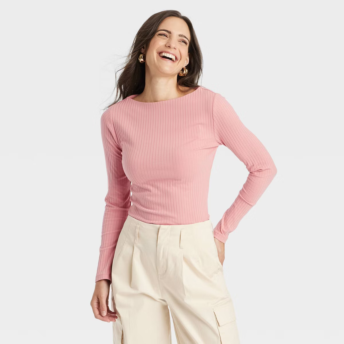 Women's Slim Fit Long Sleeve Ribbed Boat Neck T-Shirt - A New Day™ | Target