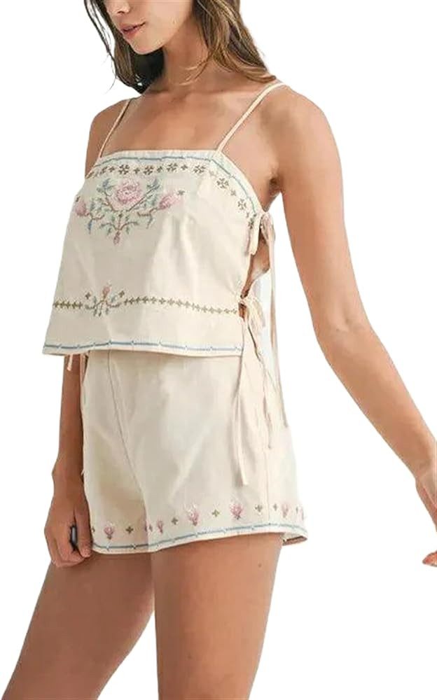 Yuemengxuan Women Tie Side Tank Top Shorts 2 Piece Outfits Set Sleeveless Floral Embroidered Crop... | Amazon (US)
