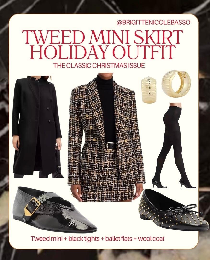 This classic holiday outfit features a tweed mini skirt styled with black tights, ballet flats, and a timeless wool coat for the perfect Christmas-ready look. This preppy winter outfit is elegant, chic, and ideal for holiday dinners, shopping in the city, or festive events. The textured tweed skirt paired with sheer black tights creates a polished silhouette, while ballet flats keep the look comfortable and classic. Finished with a tailored wool coat and gold accessories, this is the ultimate old money holiday outfit formula.

#LTKHoliday #LTKSeasonal #LTKgrwm