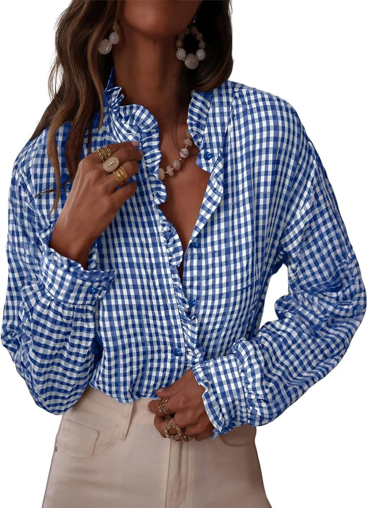 Astylish Womens Plaid Ruffle V Neck Button Down Blouse Casual Long Sleeve Gingham Trendy Tops Wor... | Amazon (US)