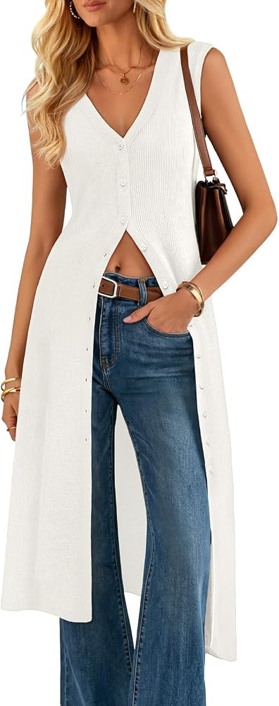 ZESICA Women's Sleeveless Long Cardigan Sweaters 2026 Summer V Neck Oversized Button Knit Duster ... | Amazon (US)