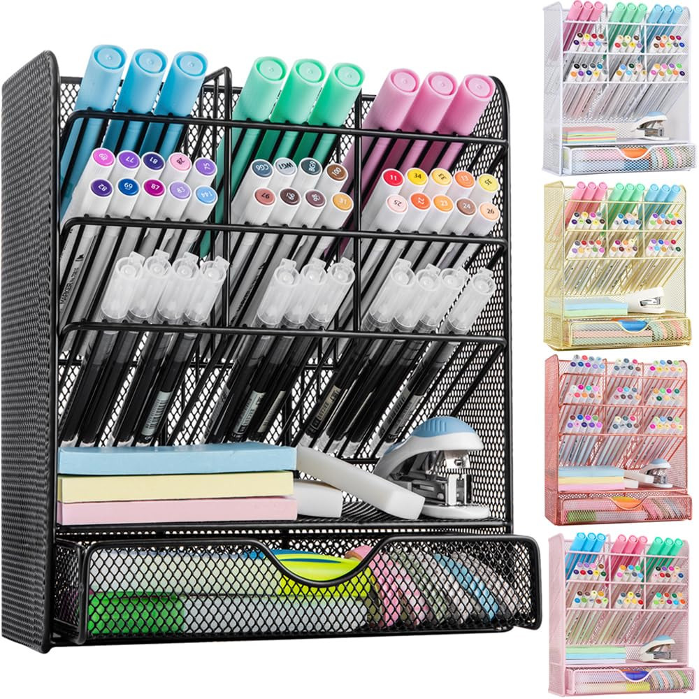 Spacrea Metal Pen Organizer, Pencil Holder for Desk, Desk Organizer with Drawer for School, Home,... | Amazon (US)