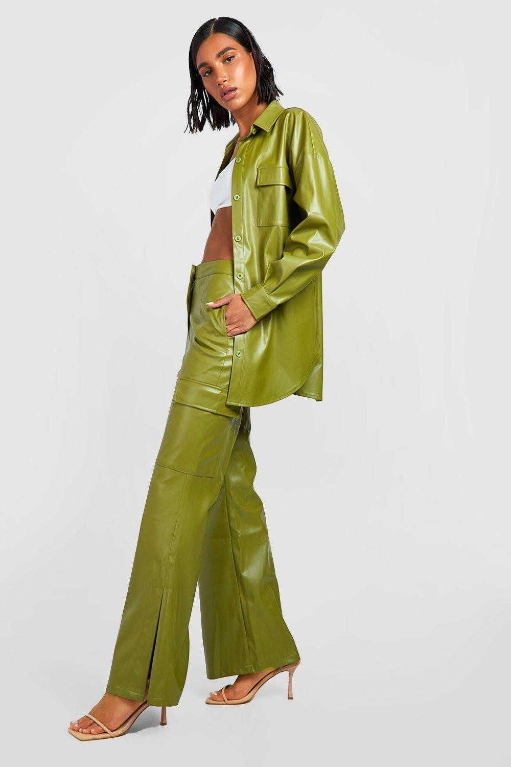 Womens Faux Leather Split Detail Cargo Pants - Green - 8 | Boohoo.com (US & CA)