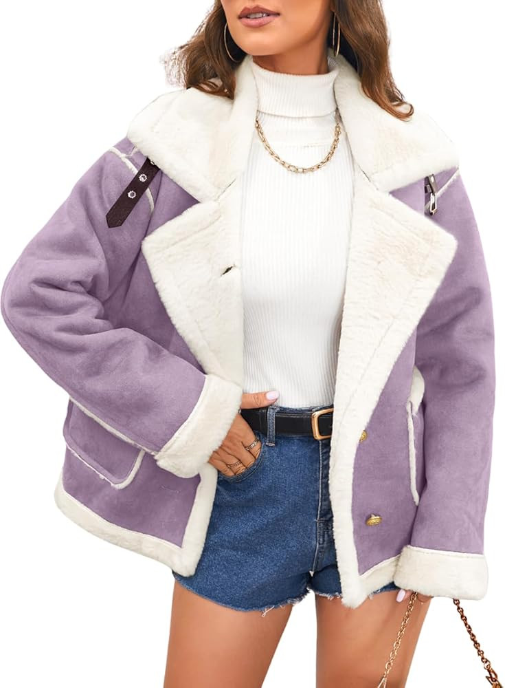 ChiaoLezhee Women's Faux Suede Sherpa Lined Jacket, Oversized Fur Lapel Coat, Winter Warm Outfit ... | Amazon (US)