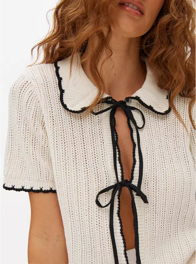 Mono Pointelle Cropped Tie Front Cardigan 8 | Tu Clothing