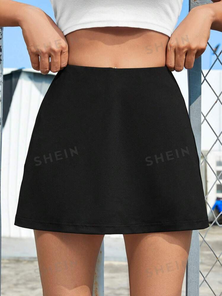 SHEIN EZwear Solid Color Elastic Waistband Skirt With Phone Pocket | SHEIN