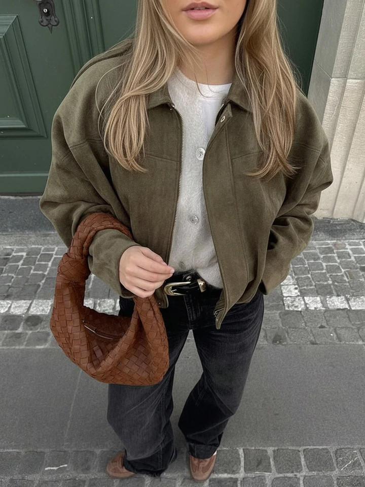 Women's Regular Faux Suede Long Sleeve Single-Breasted Loose Casual Jacket, Suitable For Spring Wear Women's Pocket Metal Button Short Military Green Jacket, Suitable For Spring And Autumn Wear | SHEIN