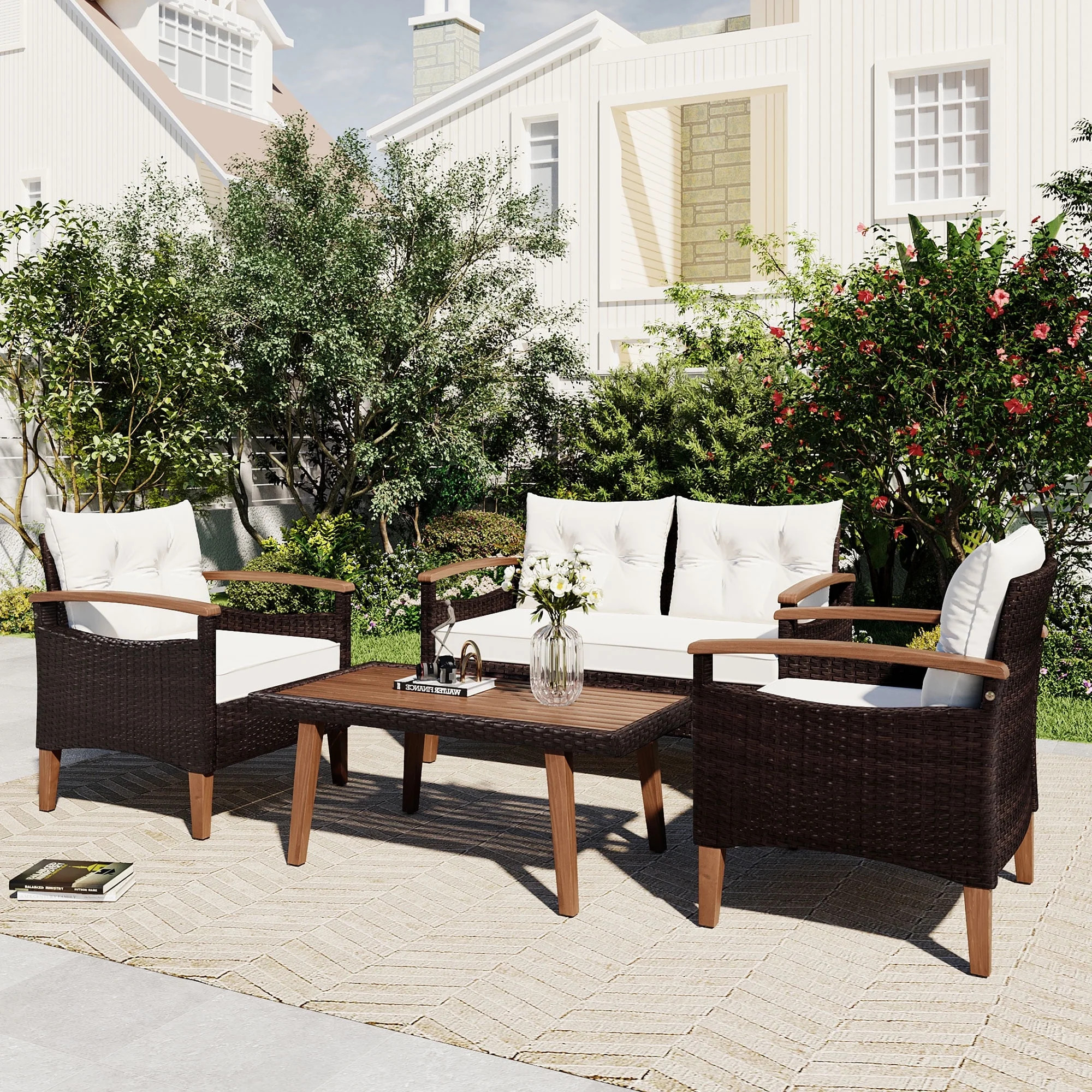 Seizeen 4-Piece Patio Furniture Set, PE Rattan Outdoor Conversation Set with Acacia Wood Table & ... | Walmart (US)