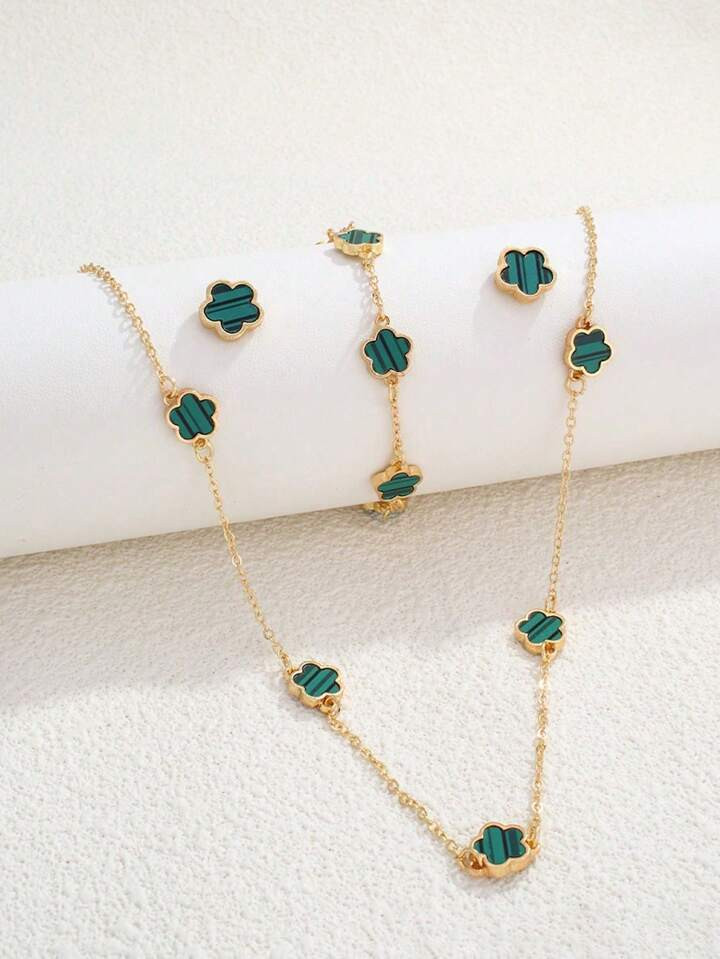 4pcs/Set Clover & Flower Pendant Necklace Bracelet Earrings Set, Versatile Lucky Charm Choker & Earrings, No Gift Box | SHEIN