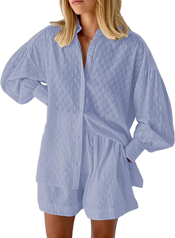 Fixmatti 2 Piece Outfits Long Sleeve Button Down Shirt and Shorts Sweatsuit Lounge Sets | Amazon (US)