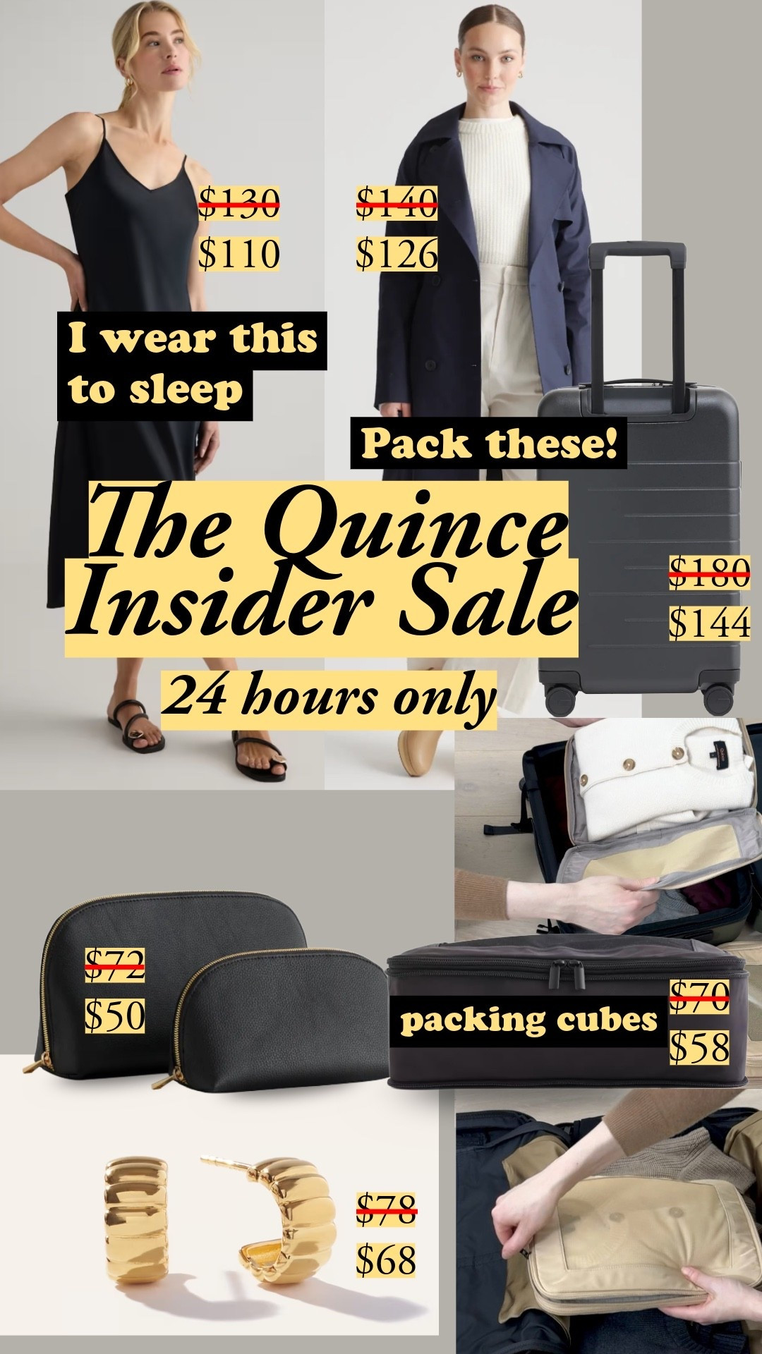 My travel essentials are on sale for 24 hours only — packing cubes, carry-on, leather pouches, and the silk slip dress I wear to sleep. Download the Quince app to shop; discounts apply automatically at checkout | travel essentials, packing cubes, carry-on suitcase, leather pouch, silk slip dress, Quince sale, travel outfit, capsule wardrobe, packable, luggage


#LTKTravel #LTKWorkwear #LTKSaleAlert