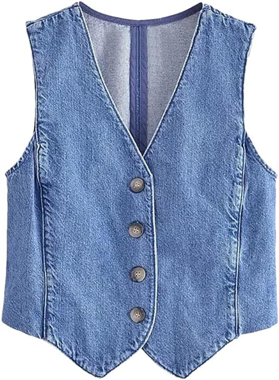 Women's Fashion Front Button Denim Vest Retro V-Neck Sleeveless Jacket | Amazon (US)