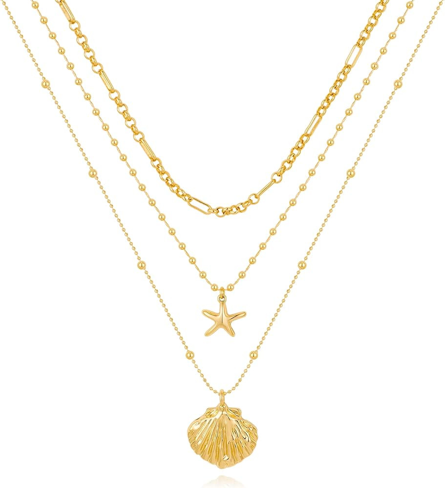 CLASSYZINT Gold Beaded Shell Necklace Shell Starfish Necklaces Seashell Pendant Necklaces Jewelry | Amazon (US)