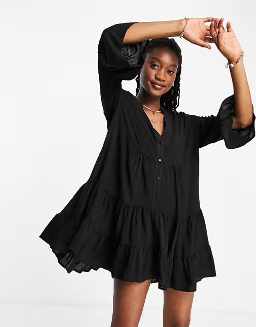 QED London tiered button down smock dress in black | ASOS (Global)