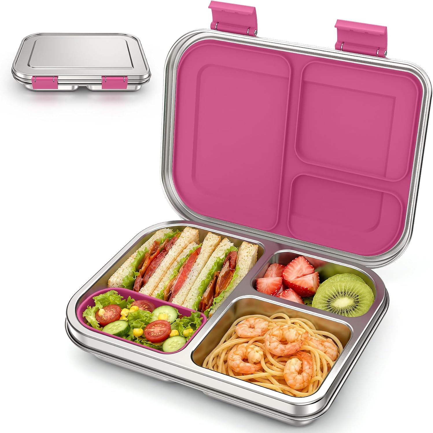 BABHAMNESS Stainless Steel Bento Box Kids, 3 Compartments Leak Proof Metal Bento Lunch Box, 304 Stainless Steel Bento Lunch Containers for School and Office,Dishwasher Safe, BPA-Free-Pink | Amazon (US)