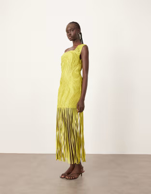 ARRANGE asymmetric tape work fringe hem mini dress in lime green | ASOS (Global)