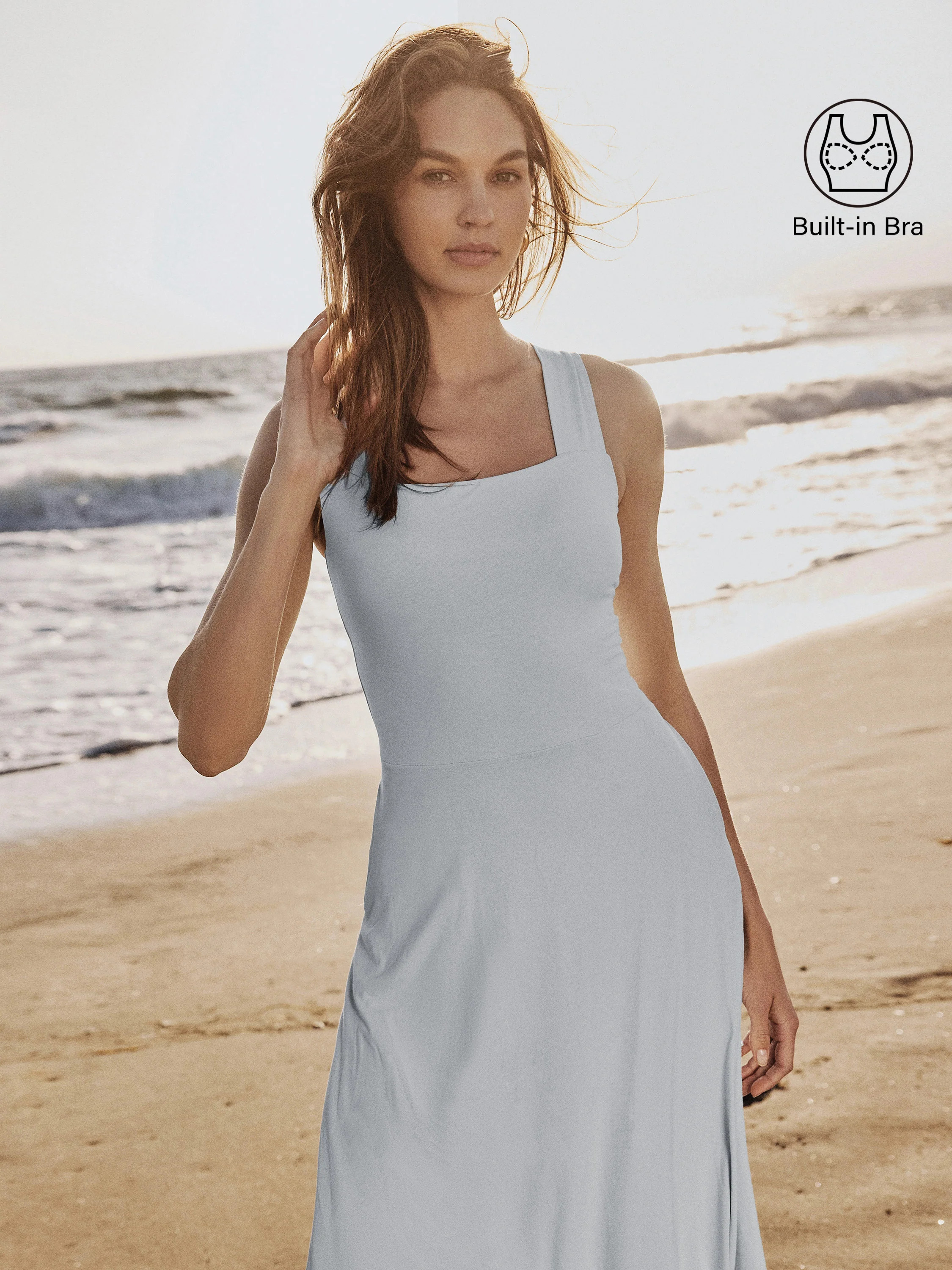 Flowy Square Neck Wide Straps Midi Bra Dress with Pockets - Sky Glass / L | OGLmove