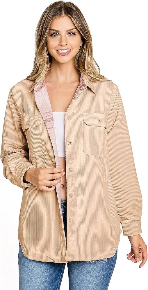 Love Tree Women's Reversible Corduroy Plaid Flannel Shacket | Amazon (US)