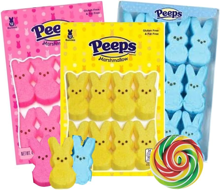 Bunny Peeps Assortment, Pink, Yellow, and Blue Sugar Coated Marshmallow Treats, Easter Basket Fil... | Amazon (US)