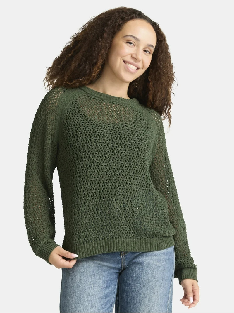 Time and Tru Women's Open Work Sweater with Long Sleeves, Sizes XS-XXXL | Walmart (US)