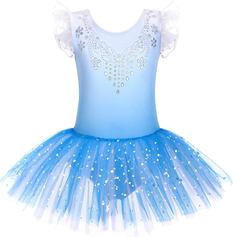 Zaclotre Kid Girls Ruffle Sleeve Ballet Skirted Leotard Shiny Dance Tutu Dresses | Amazon (US)