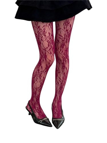 Milumia Women's Floral Lace Tights Y2k Patterned Fishnet Pantyhose Sexy Stockings All Burgundy One Size | Amazon (US)