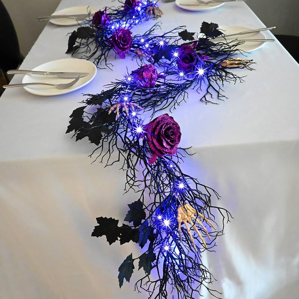 Halloween Dead Branch Garland Lights with Timer 6 Feets Rose Vine with Black Maple Leaves and Gol... | Amazon (US)