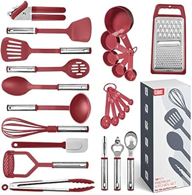 Kitchen Utensil Set 24 Nylon and Stainless Steel Utensil Set, Non-Stick and Heat Resistant Cookin... | Amazon (US)