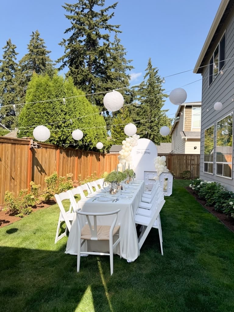 50th wedding anniversary table set up in my backyard! 

Balloons, paper lanterns, chairs, candles, candle holders, plates, arch, lights, Marquee numbers, vinyl, curtains, table, wine glasses, clamps, glue gun, balloon pump electric, dresses, Cricut tools

#LTKsummer #LTKhome