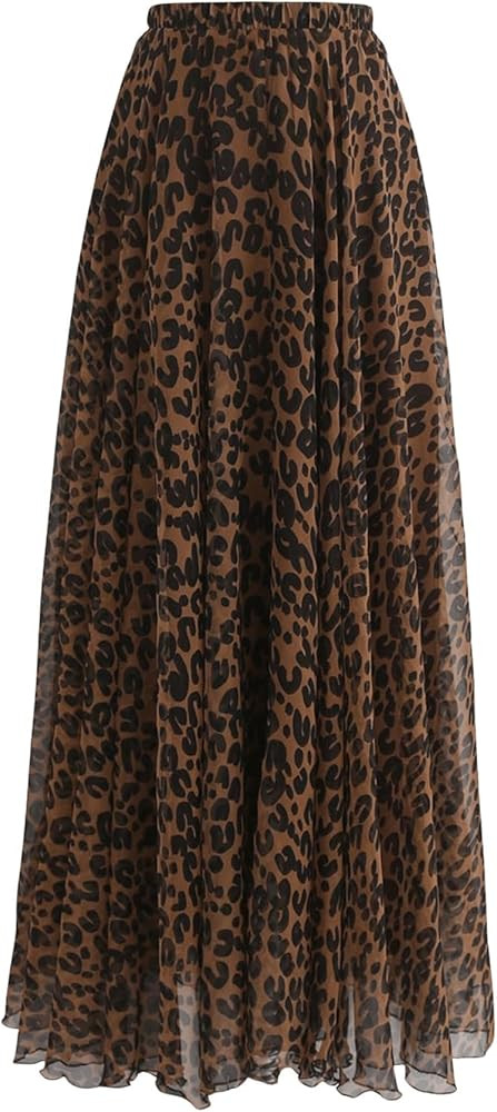 Verdusa Women's Leopard Print Skirt Y2k Goth High Waist Ruffled Pleated Flowy Long Skirts | Amazon (US)