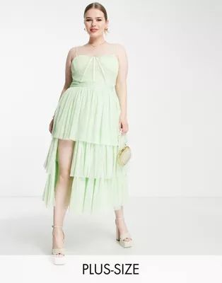 Lace & Beads Plus corset tiered tulle midi dress in pastel geen | ASOS (Global)