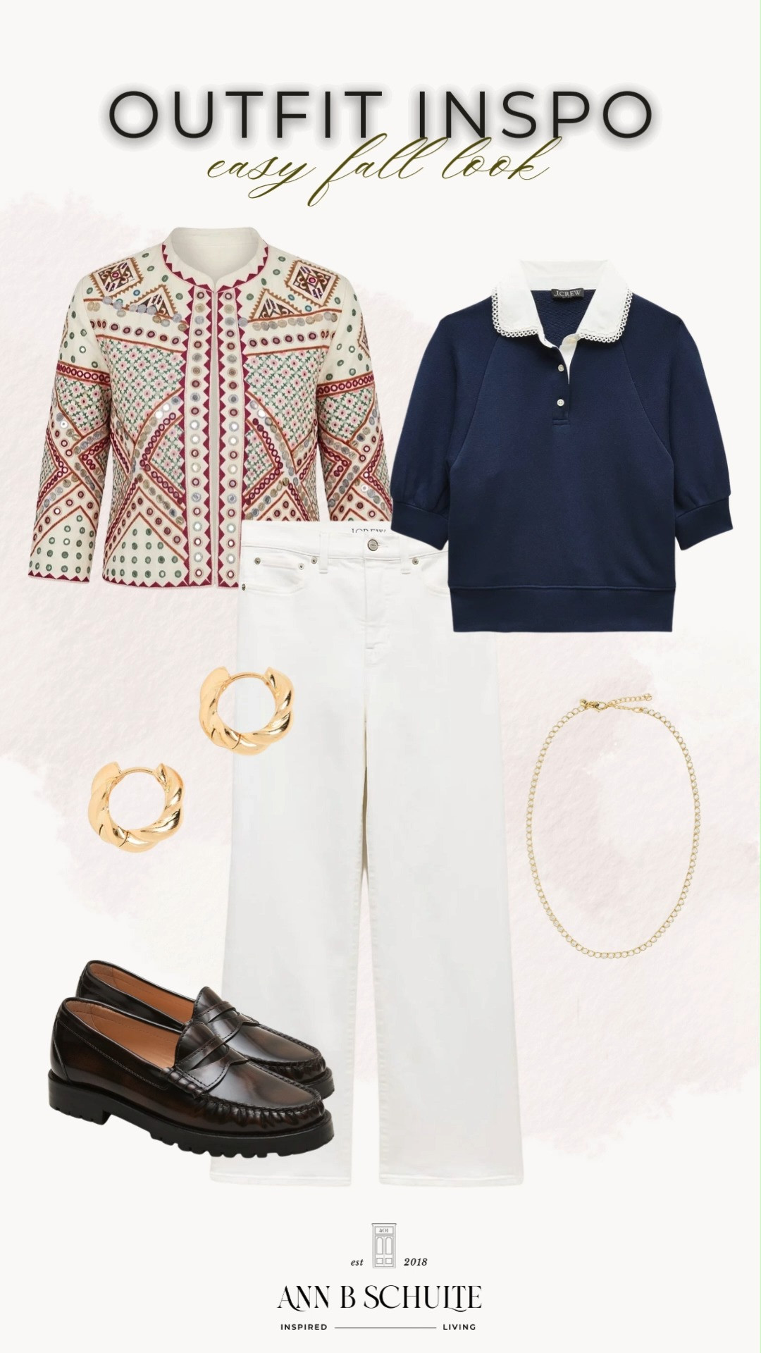 This classic outfit pairs a statement printed jacket with a polished navy sweater, crisp white jeans, and chunky loafers for an effortlessly chic look. Gold jewelry adds the perfect finishing touch, making this an easy fall outfit idea to recreate. It’s timeless, elevated, and perfect for everything from coffee dates to weekend plans. 🤎✨🍁

#FallFashion #FallOutfit #FallStyle #ClassicStyle #FallOutfitInspo #WomensFashion #EverydayStyle #CasualChic #ClassicFashion #OutfitInspo 

 #LTKootd