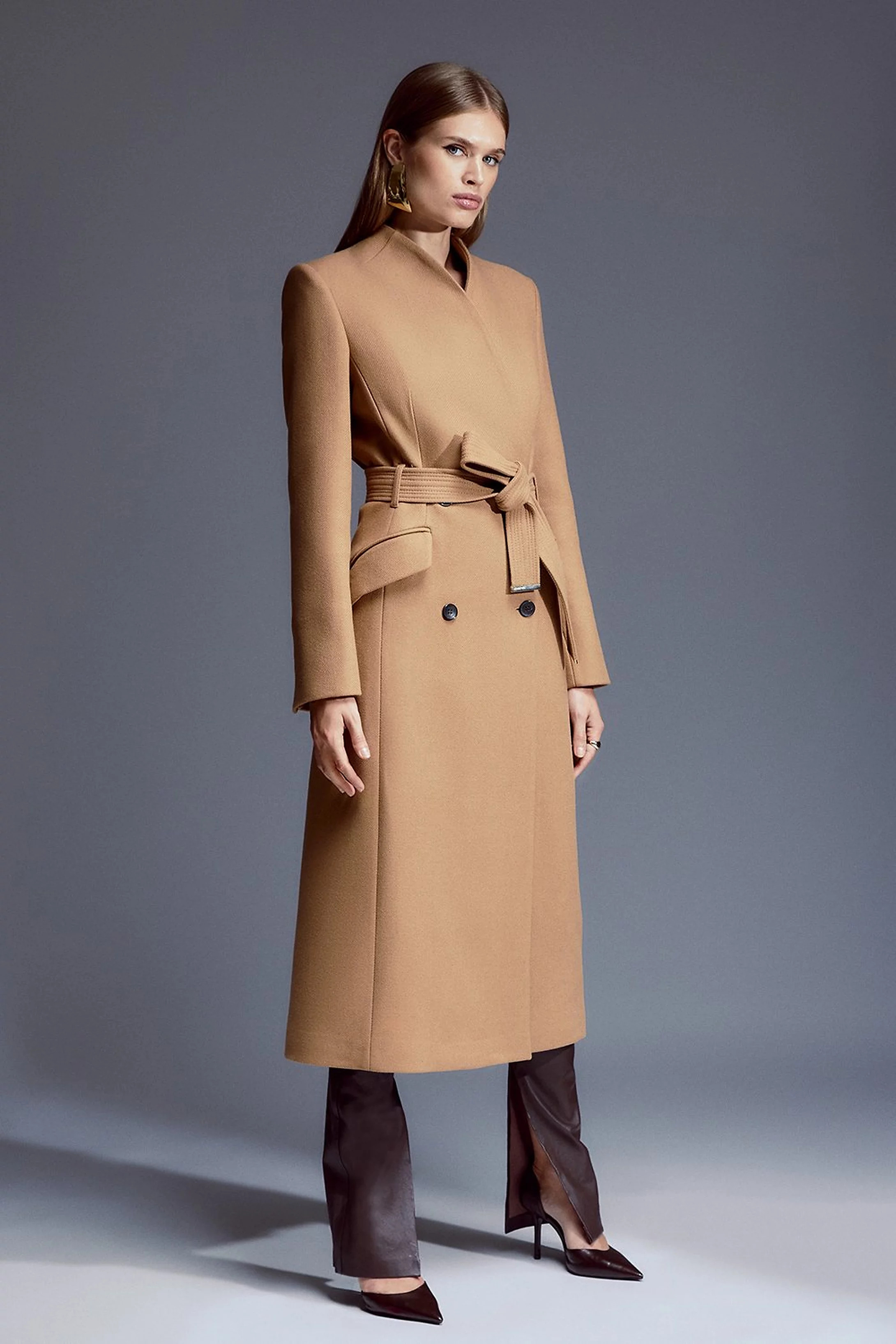 Italian Wool Blend High Neck Belted Midaxi Coat | Karen Millen US