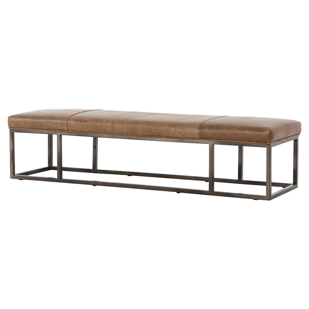 Zarro Modern Classic Brown Leather Cushion Gunmetal Iron Frame Bench | Kathy Kuo Home