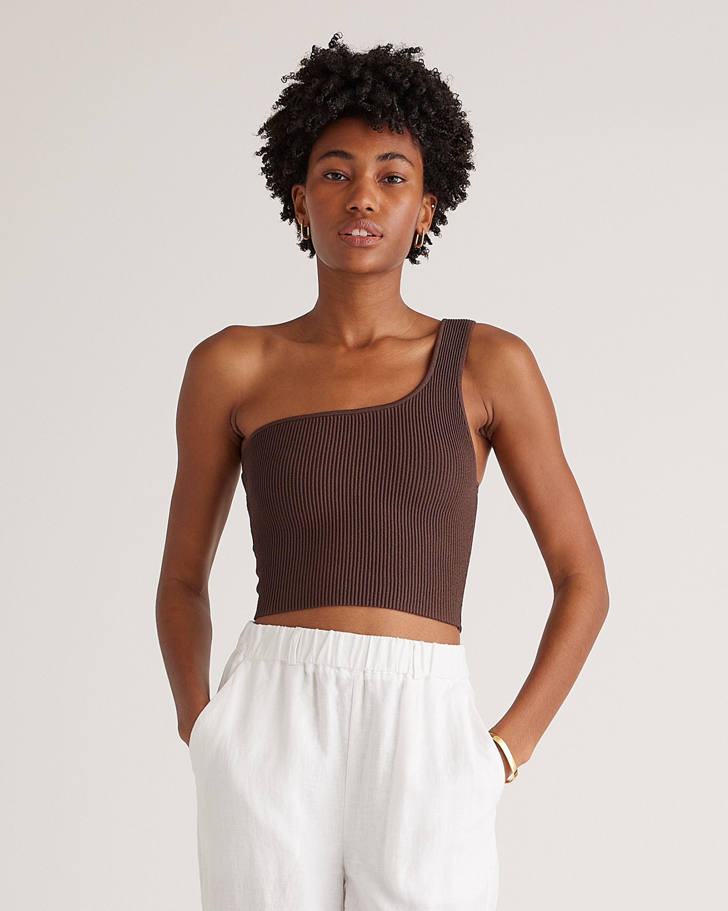 Cropped One Shoulder Ribbed Knit Tank | Quince