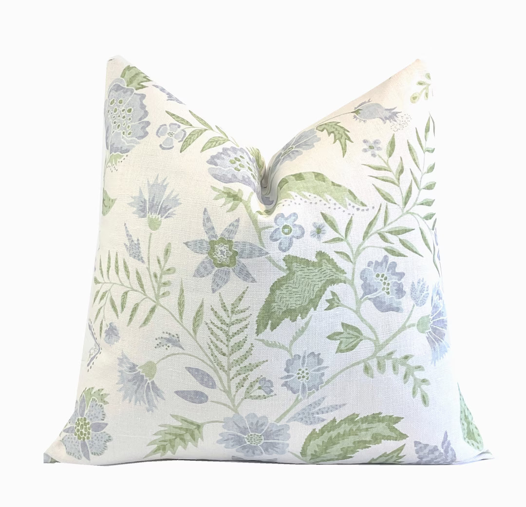 Kathy Vine Blue and Green Linen Pillow Cover Designer High End Soft Sky Blue and Green on Belgian... | Etsy (US)