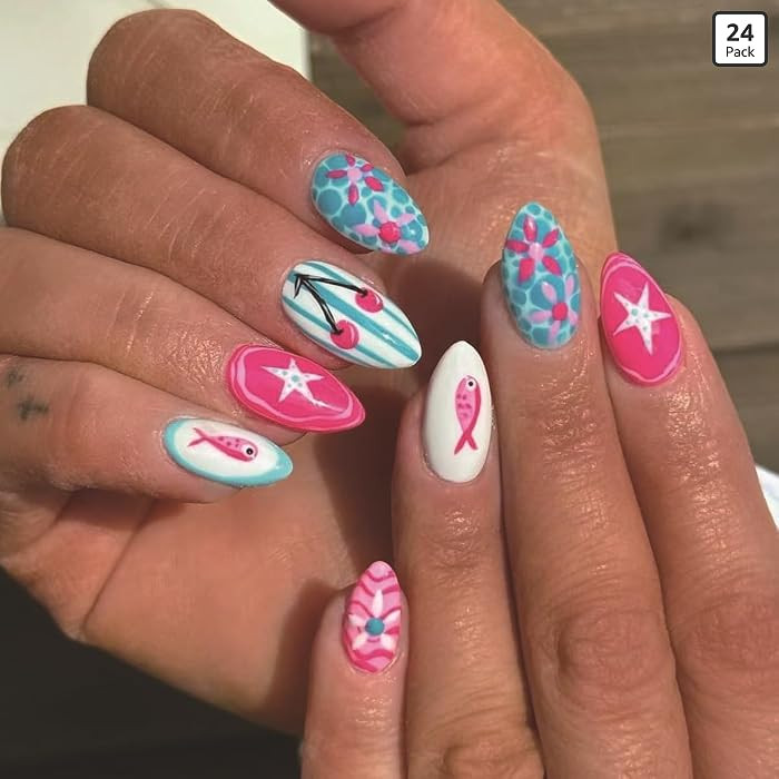 24Pcs Pink Blue White Press on Nails Short Oval Fake Nails with Summer Flower Fish Designs Stripe... | Amazon (US)