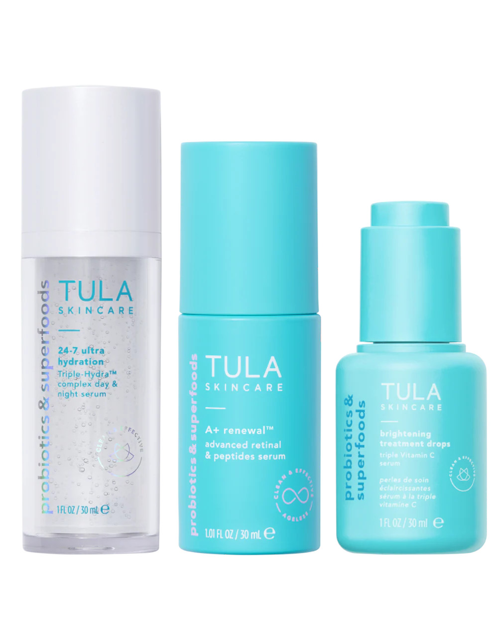 hyaluronic acid, retinal & vitamin c serums set | Tula Skincare