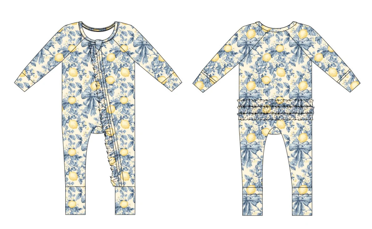 PRE-ORDER VINTAGE CITRUS TOILE DREAM RUFFLE ROMPER Preemie | Dream Big Little Co.
