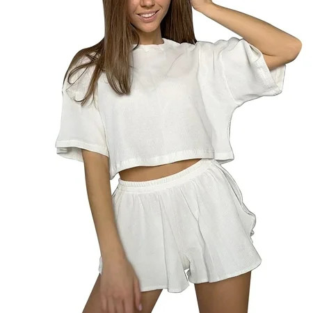 Womens Shorts Sets 2 Piece Outfits Womens Home Clothes Short Sleeved Silk Like Pajamas Womens Summer Multicolor Suit Short Sets For Women(Color:White Size:M) | Walmart (US)