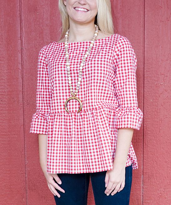 Haley and the Hound Women's Blouses - Red & White Gingham Bell-Sleeve Button-Back Peplum Top - Women | Zulily