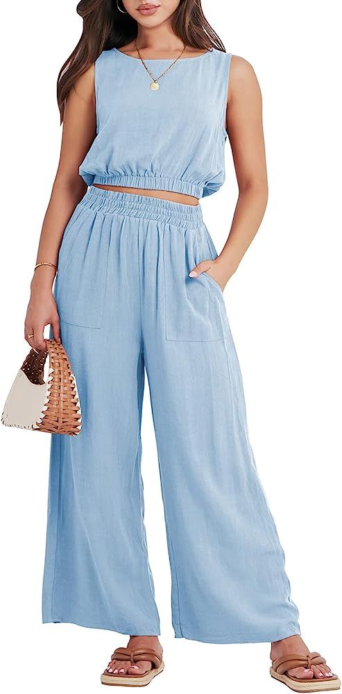 ANRABESS Women’s Summer 2 Piece Outfits Sleeveless Round Neck Crop Top Tank and High Waisted Pa... | Amazon (US)